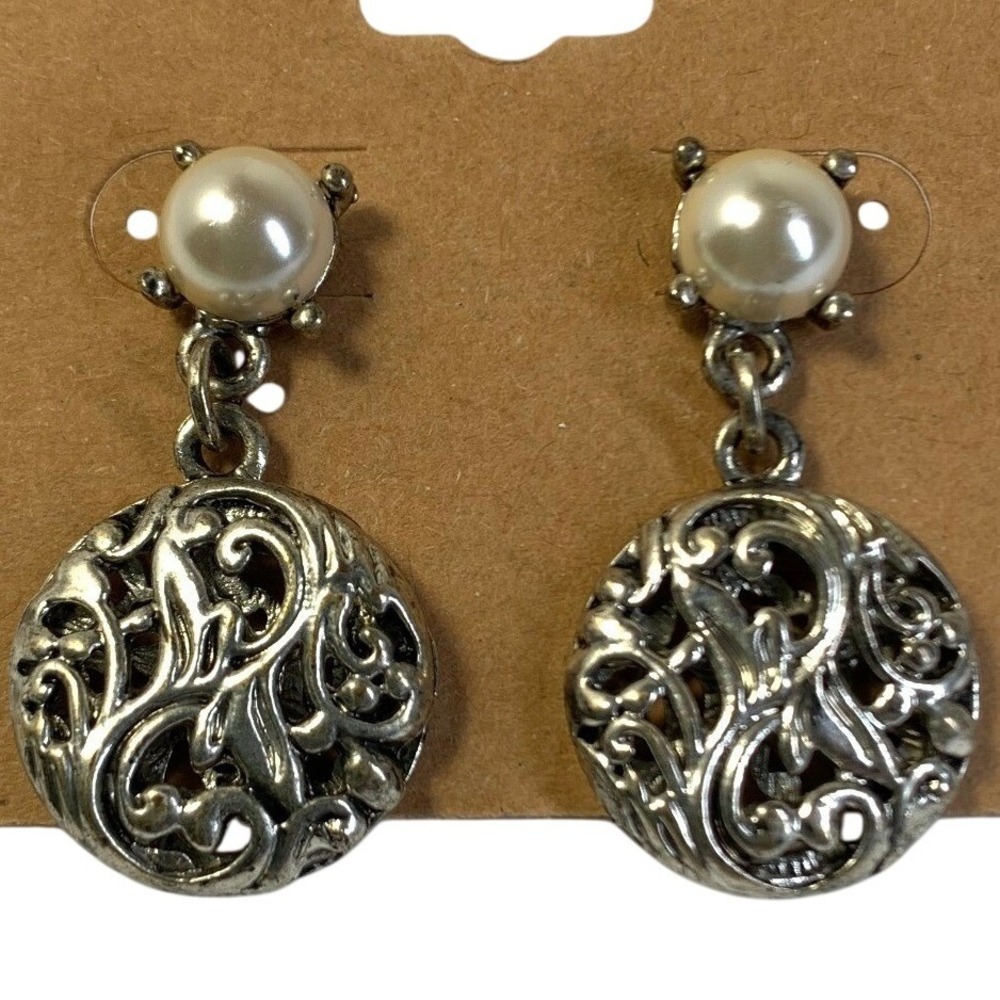 Vintage Style Pearl Stud Silver Filigree Drop Earrings Classic Statement